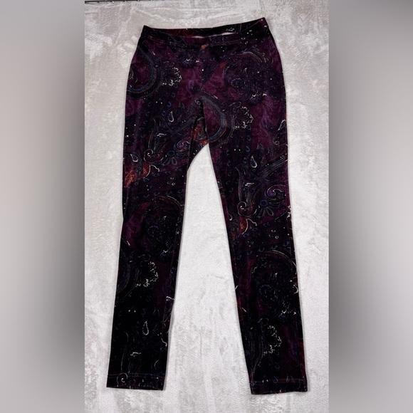 Chico’s Zenergy Velour Velvet Paisley Printed Boho Pull On Purple Pants 0 (US S) - Picture 1 of 16